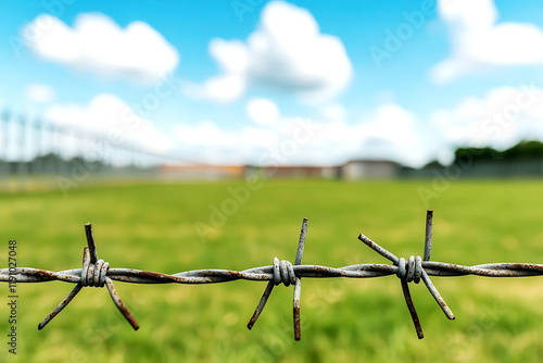 Barbed wire fence surrounding a prison yard, representing the harsh environment of incarceration and security measures photo