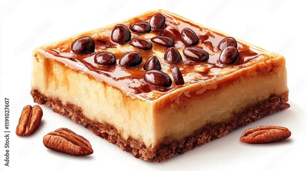 Delicious flat lay of creamy bread pudding with pecans on white background for dessert lovers Delicious flat lay of creamy bread pudding with pecans on white background for dessert lovers