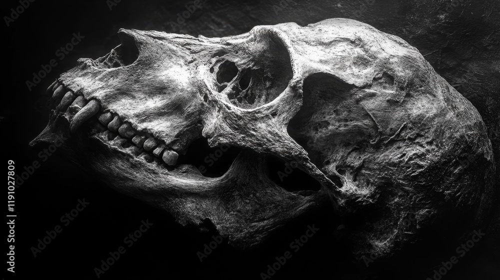 Fototapeta premium Ancient Skull on a Black Background. Generative AI