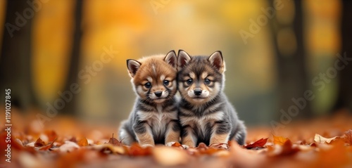 Two adorable puppies sit together in autumn park. Fur mix of brown, gray. Colorful autumn leaves cover ground. Background blurred autumn forest scene. Puppies look cute, friendly. Seem happy, photo