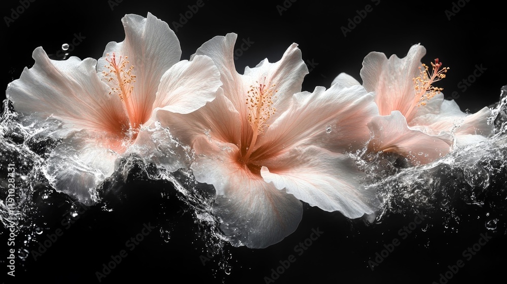 Fototapeta premium Hibiscus flowers with water splashes. Generative AI