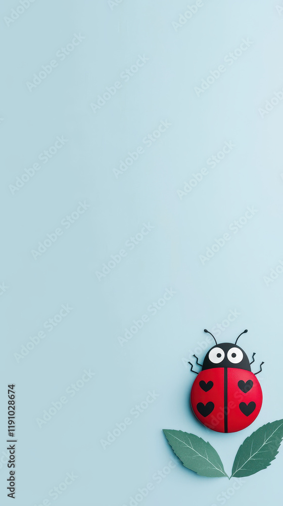 Fototapeta premium cheerful ladybug with heart spots on leaf against blue background
