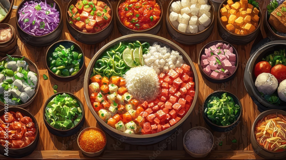 Vibrant ceviche bowl arrangement culinary art food rustic kitchen top-down perspective fresh ingredients Vibrant ceviche bowl arrangement culinary art food rustic kitchen top-down perspective fresh ingredients