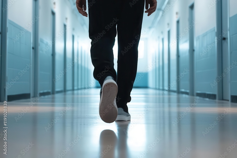 Inmate walking in a solitary prison corridor, showcasing isolation and confinement within a correctional facility Inmate walking in a solitary prison corridor, showcasing isolation and confinement within a correctional facility