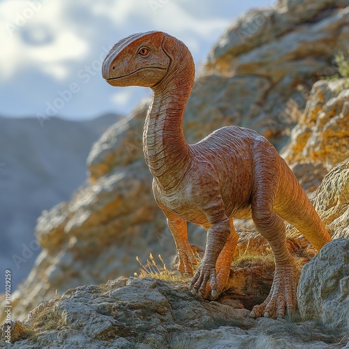 Dinosaur on mountain, prehistoric creature, scenic background, paleontological illustration photo