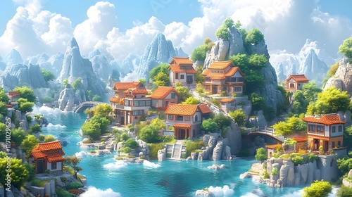 AI-generated storytelling environments with immersive digital worlds for audiences, isometric 3D