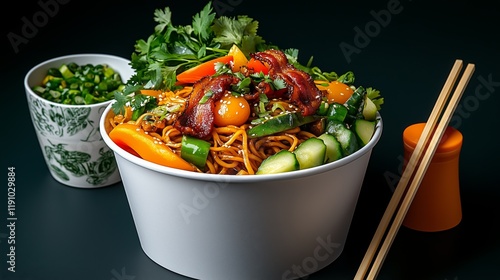 Wan ton (or wonton) noodles with sliced broiled pork, meat and shrimp dumplings and green leafy vegetables. Packed in a white styrofoam box and served with disposable wood or bamboo chopsticks photo