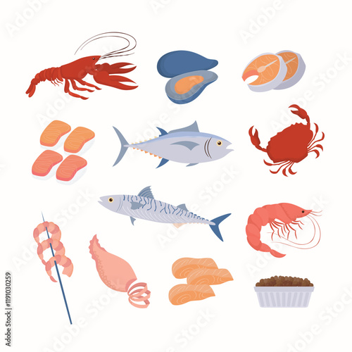 Illustration of Various Seafood Items Including Fish, Shrimp, Crab, and Shellfish