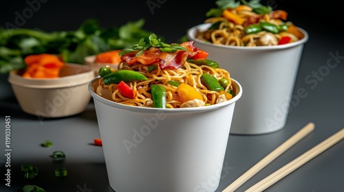 Wan ton (or wonton) noodles with sliced broiled pork, meat and shrimp dumplings and green leafy vegetables. Packed in a white styrofoam box and served with disposable wood or bamboo chopsticks photo