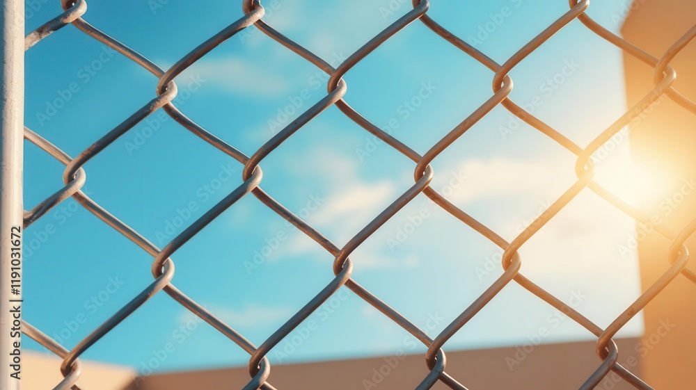 Fototapeta premium Security fence surrounding the perimeter of a prison yard, symbolizing the containment and control of inmates
