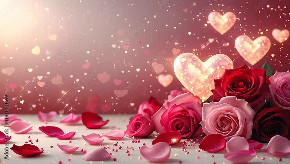 Valentine's Day Romance Background with Glowing Hearts and Red Roses Valentine's Day Romance Background with Glowing Hearts and Red Roses