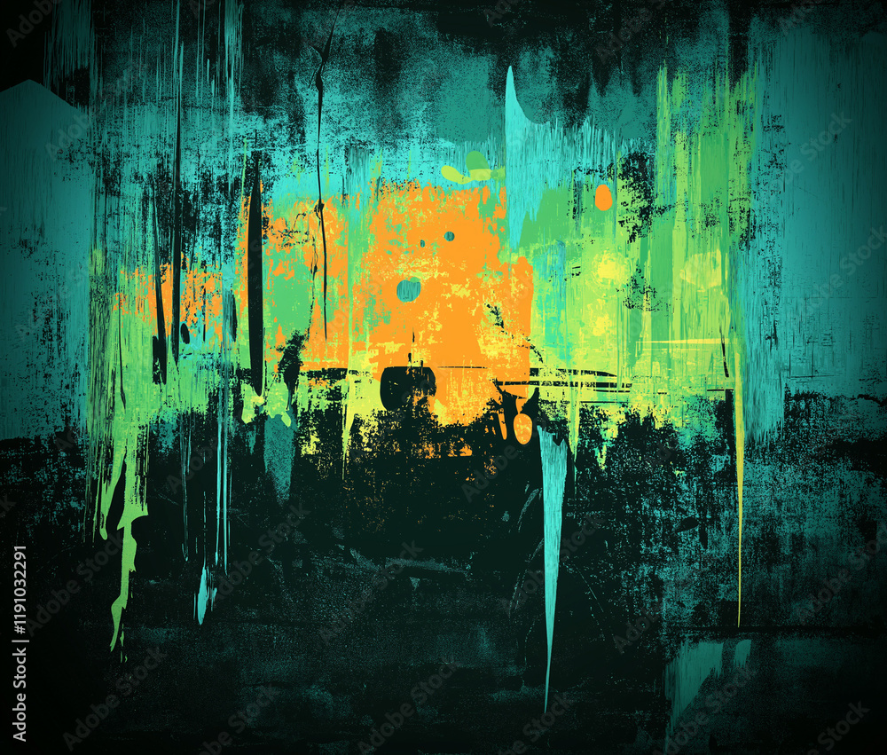 Naklejka premium Dark Grungy Background with Green and Orange Gradient, Yellow Light, Textured Abstract Digital Artwork Featuring Brush Strokes and Paint Splashes for Digital Wallpapers and Illustrations
