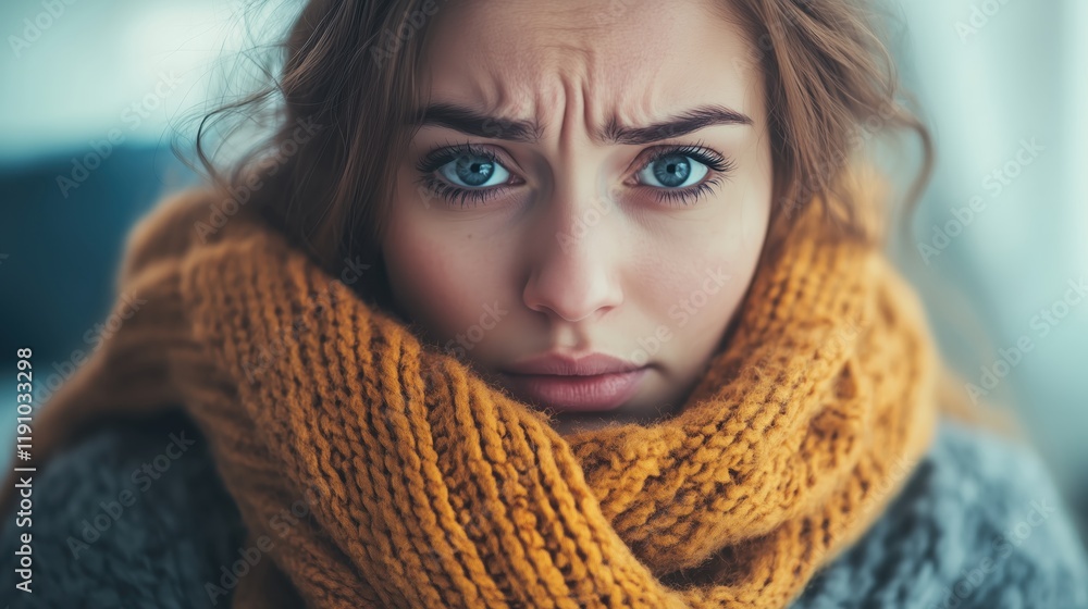 A young woman, wrapped in a scarf, sits indoors with a worried expression, her body language conveying a sense of discomfort from the cold. A young woman, wrapped in a scarf, sits indoors with a worried expression, her body language conveying a sense of discomfort from the cold.