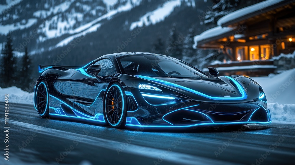 Futuristic sports car driving on snowy road. Futuristic sports car driving on snowy road.