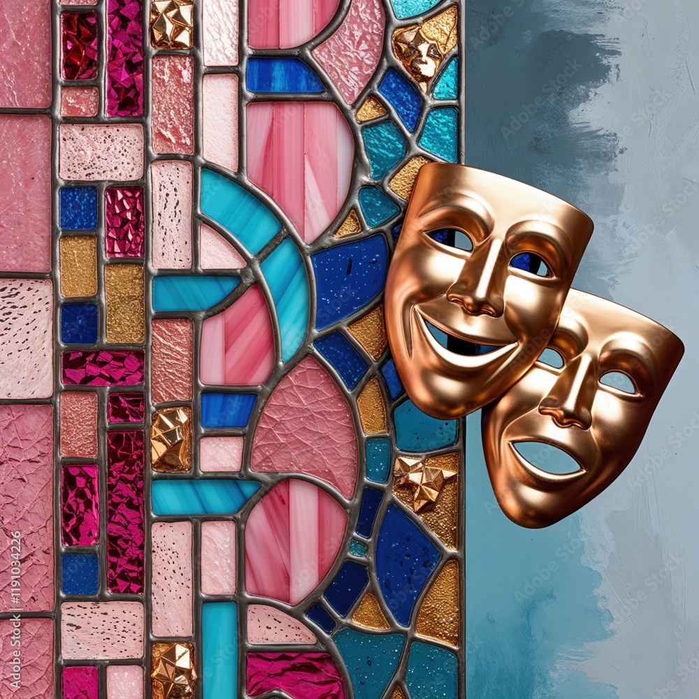 Obraz premium Gold Comedy Tragedy Masks with Colorful Stained Glass