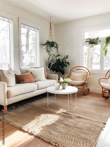 Bohemian living room with a woven rug, rattan furniture, and an eclectic mix of colorful throw pillows and hanging plants.