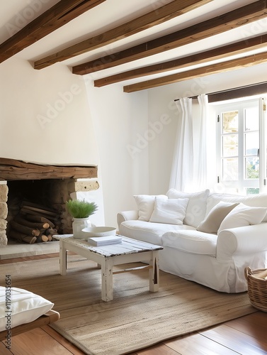 Cozy farmhouse-style living room with a white slipcovered sofa, exposed wooden beams, and a stone fireplace as the centerpiece. photo