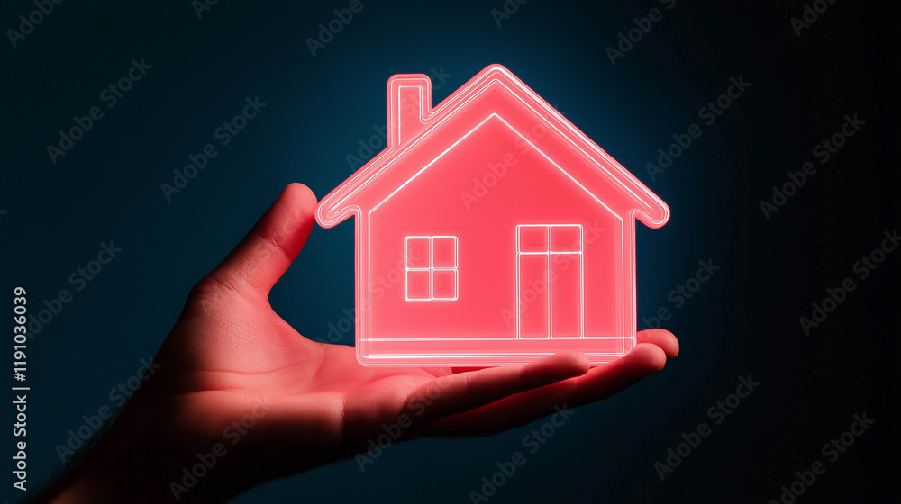 Hand holding a glowing house icon digital representation modern environment concept of homeownership Hand holding a glowing house icon digital representation modern environment concept of homeownership