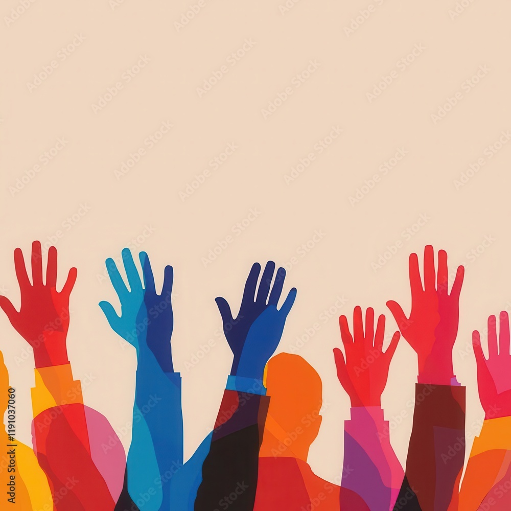 Obraz premium Shareholders voting during annual meeting (close up, focus on, copy space), vivid colors, double exposure silhouette with raised hands