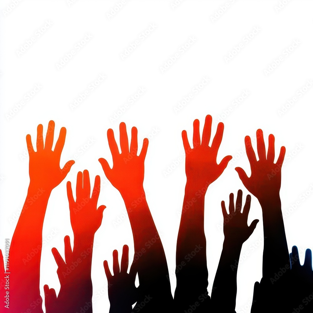 Shareholders voting during annual meeting (close up, focus on, copy space), vivid colors, double exposure silhouette with raised hands Shareholders voting during annual meeting (close up, focus on, copy space), vivid colors, double exposure silhouette with raised hands