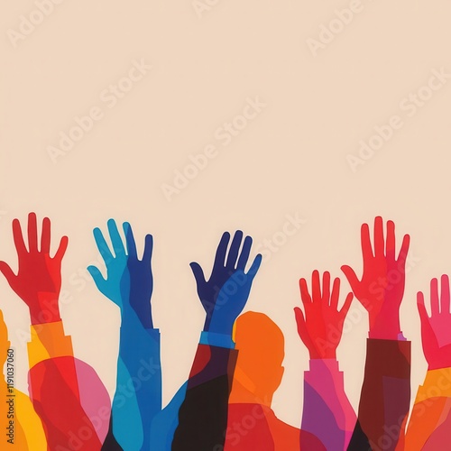 Shareholders voting during annual meeting (close up, focus on, copy space), vivid colors, double exposure silhouette with raised hands