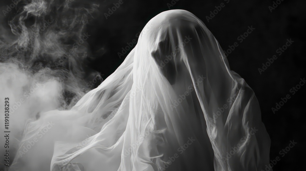 Closeup of a scary white ghost with smoke and white sheet on a black background with copy space. Closeup of a scary white ghost with smoke and white sheet on a black background with copy space.