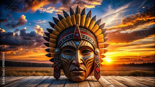 Silhouette of Native American Wooden Mask Totem against Sunset, Spiritual Indigenous Art