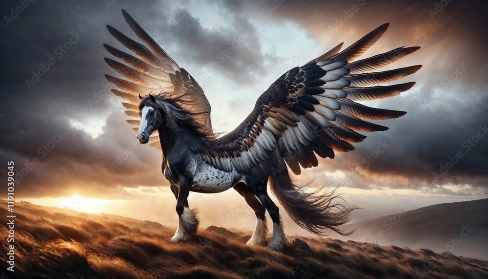 Obraz premium Majestic Pegasus with wide wings standing on a hill under dramatic skies