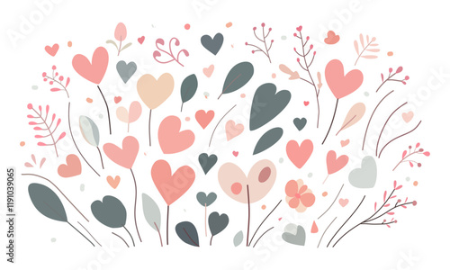 Set of abstract hearts, flowers and leaves, colored, Valentine's day,
