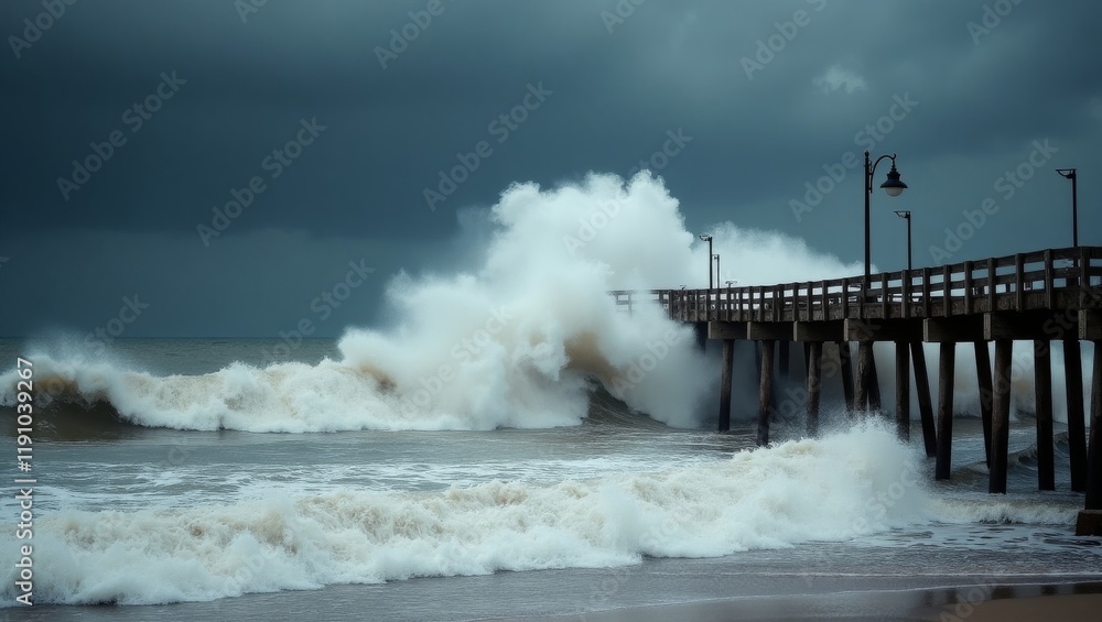 A dramatic scene of powerful waves crashing against a pier under a stormy sky. Perfect for showcasing stormy weather, ocean, and dramatic seascape themes. A dramatic scene of powerful waves crashing against a pier under a stormy sky. Perfect for showcasing stormy weather, ocean, and dramatic seascape themes.