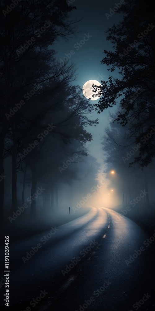 Enigmatic Moonlight Road: A Mystical Night Drive through Foggy Woods Enigmatic Moonlight Road: A Mystical Night Drive through Foggy Woods