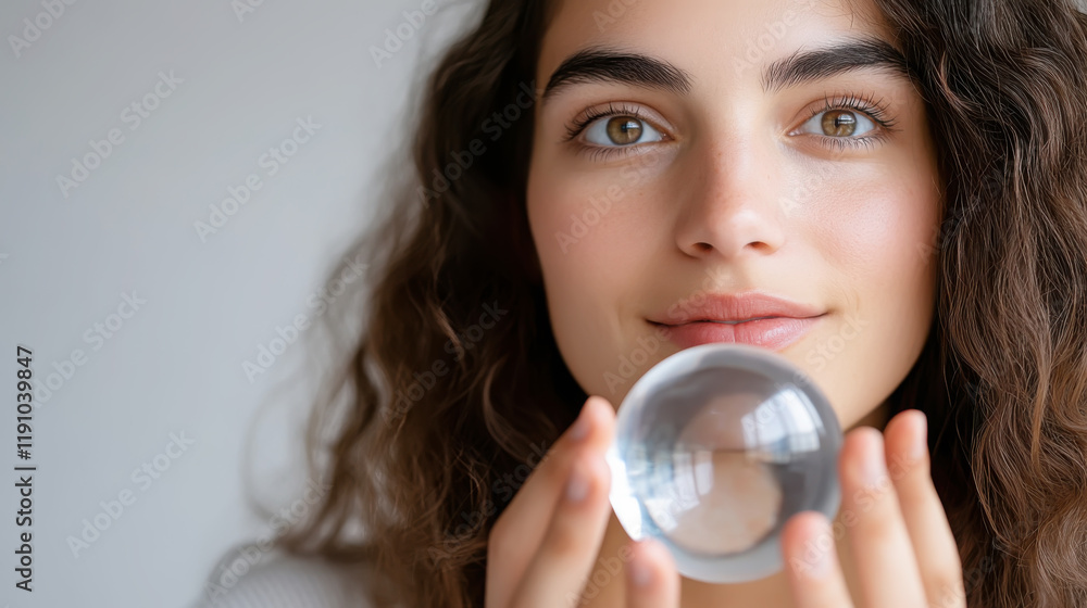 Tranquil portrait of woman holding feng shui crystal ball for mindfulness and peace Tranquil portrait of woman holding feng shui crystal ball for mindfulness and peace
