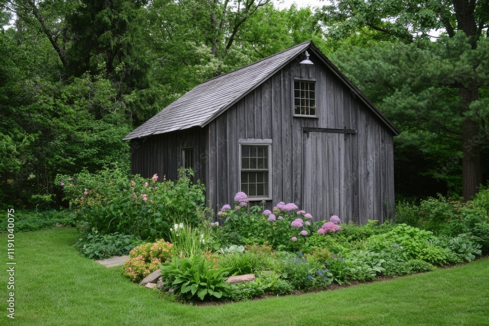 Charming wooden shed surrounded by colorful flowers in a tranquil garden setting during daylight Charming wooden shed surrounded by colorful flowers in a tranquil garden setting during daylight