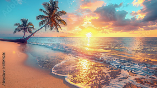 Idyllic Beach Sunset with Palm Trees and Gentle Waves.. photo