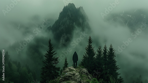 Solitary Figure in Misty Mountain Forest.. photo