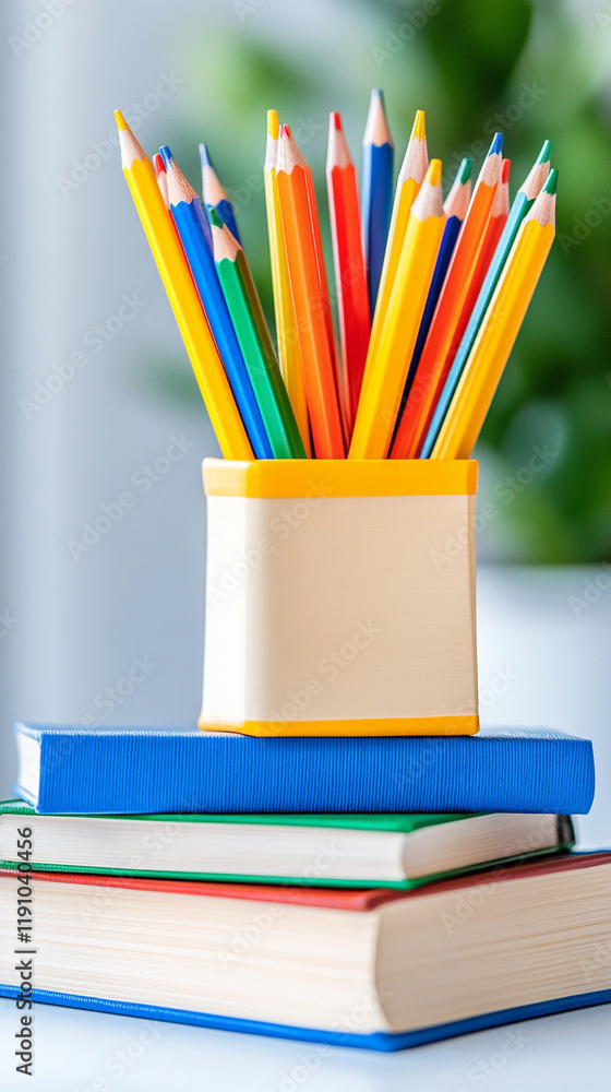 Fototapeta premium Colorful pencils in a holder on stacked books, blurred green background.