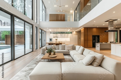 Modern open plan living room overlooking swimming pool and garden
