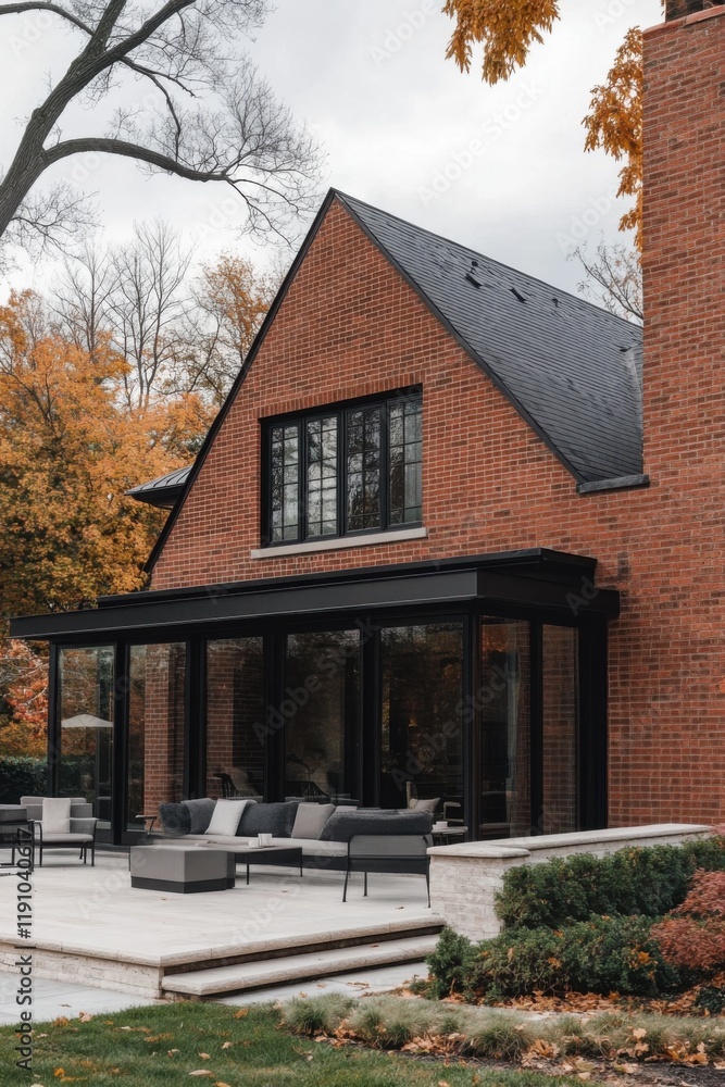 Modern brick house with large windows and outdoor seating area in autumn landscape Modern brick house with large windows and outdoor seating area in autumn landscape