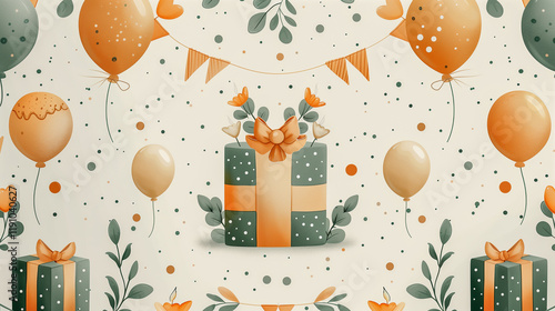 Festive Gift and Balloons with Decorative Floral Elements..