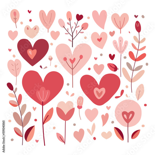 Set of abstract hearts, flowers and leaves, colored, Valentine's day,