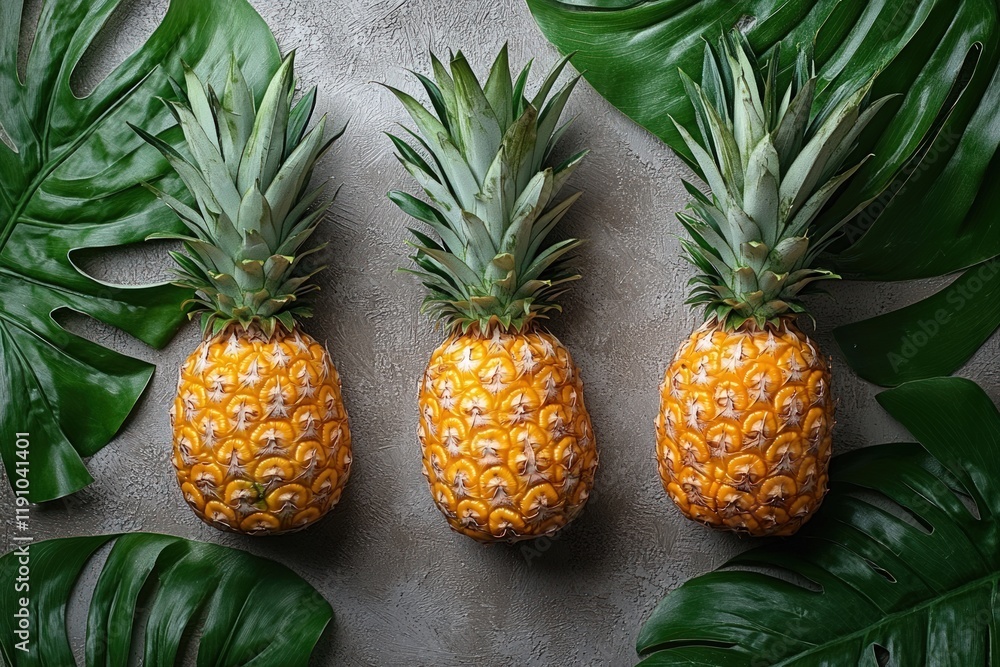 Three pineapples surrounded by tropical leaves. Three pineapples surrounded by tropical leaves.