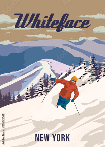 Vintage Travel poster Ski Whitefish resort. America winter landscape travel card