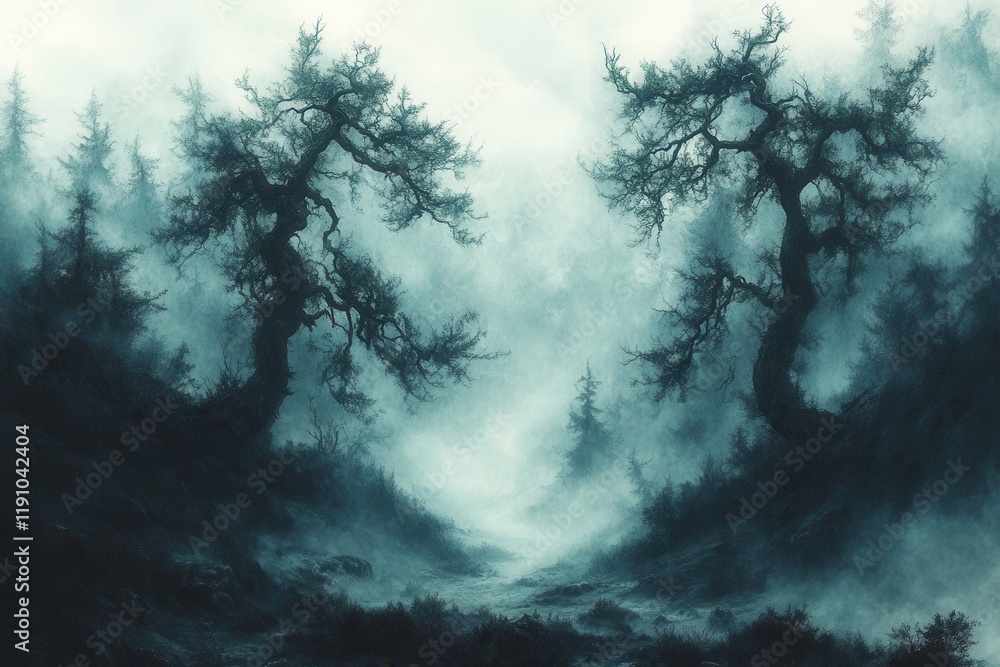 Fototapeta premium Mysterious fog envelops ancient trees in a serene forest landscape during twilight hours