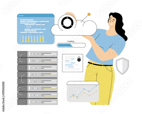 Cloud computing, Hosting platform, Big data processing. Woman developer administrate cloud storage. Vector illustration on isolated white background.	
