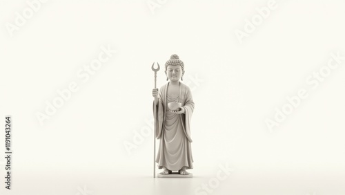 Buddha's travels and sermons. isolated Buddha figure with a staff and alms bowl, standing against a clean white background. photo