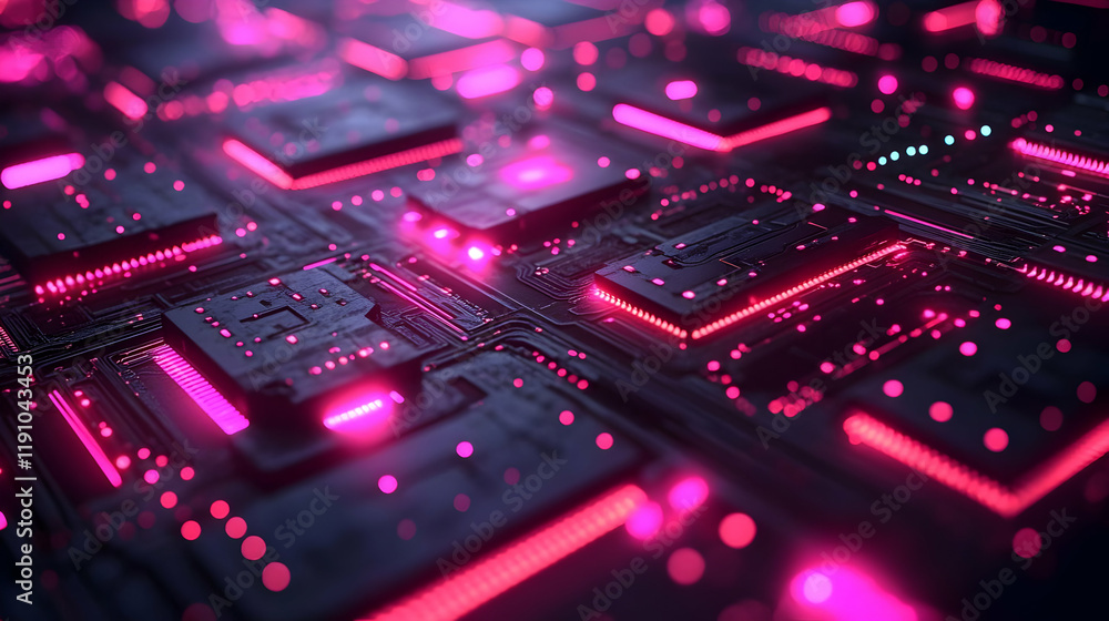 Abstract Pink Glow Circuit Board Technology Background. Futuristic Digital Electronic Computer Hardware, Network Connection, Data Processing, Artifici Abstract Pink Glow Circuit Board Technology Background. Futuristic Digital Electronic Computer Hardware, Network Connection, Data Processing, Artifici