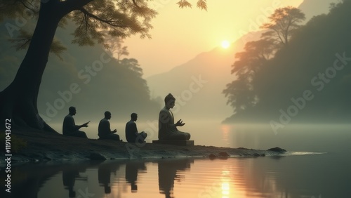 Buddha's travels and sermons. Minimalist photo of Buddha seated by a riverbank teaching, the water reflecting soft light, disciples sitting calmly around. photo