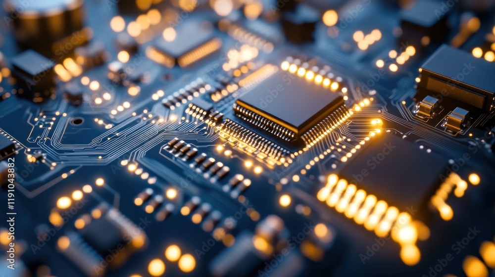 Close-up of illuminated microprocessor on circuit board. Close-up of illuminated microprocessor on circuit board.