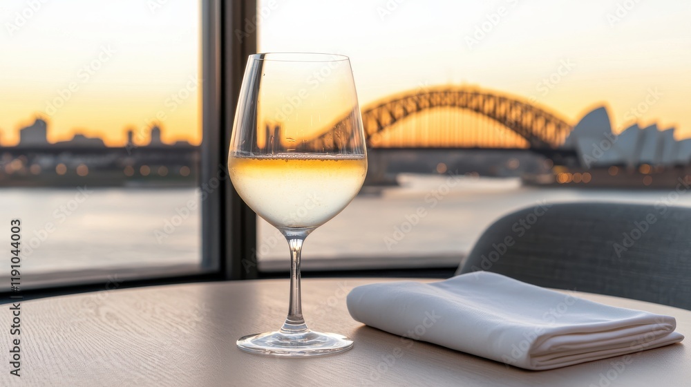 Obraz premium Elegant White Wine Glass on Table with Sydney Harbour Bridge and Opera House at Sunset in Background, Capturing a Tranquil and Scenic Moment