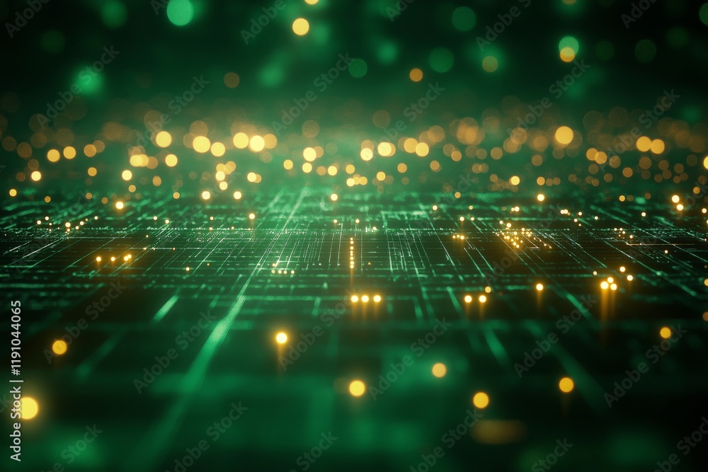Fototapeta premium Futuristic grid landscape illuminated by soft glimmers in vibrant green hues